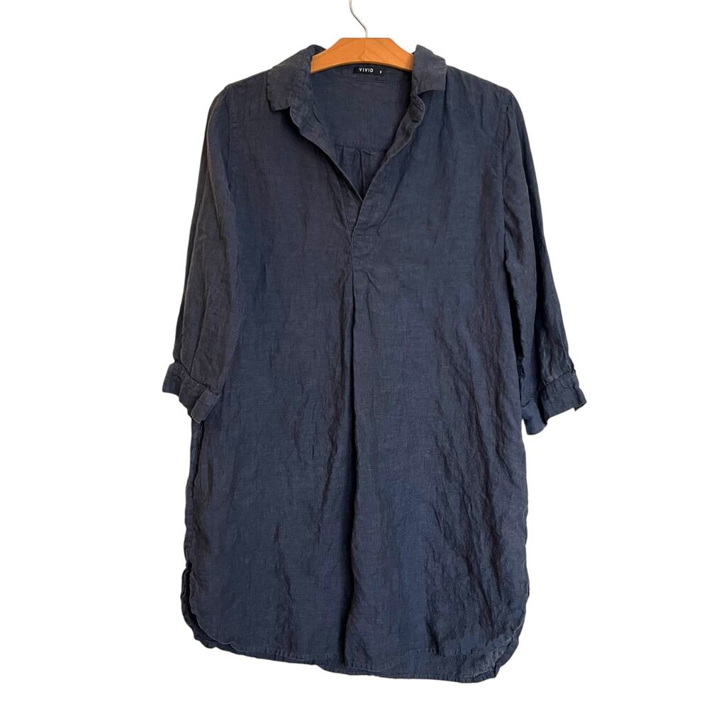 Vivid Linen Popover Shirt Dress Long Sleeve Tunic Navy Blue Lagenlook Size M